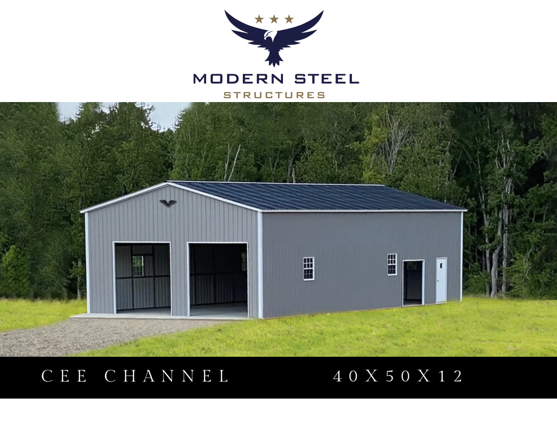 A metal storage building with two large open bays and a side door, situated on a grassy area with trees in the background.