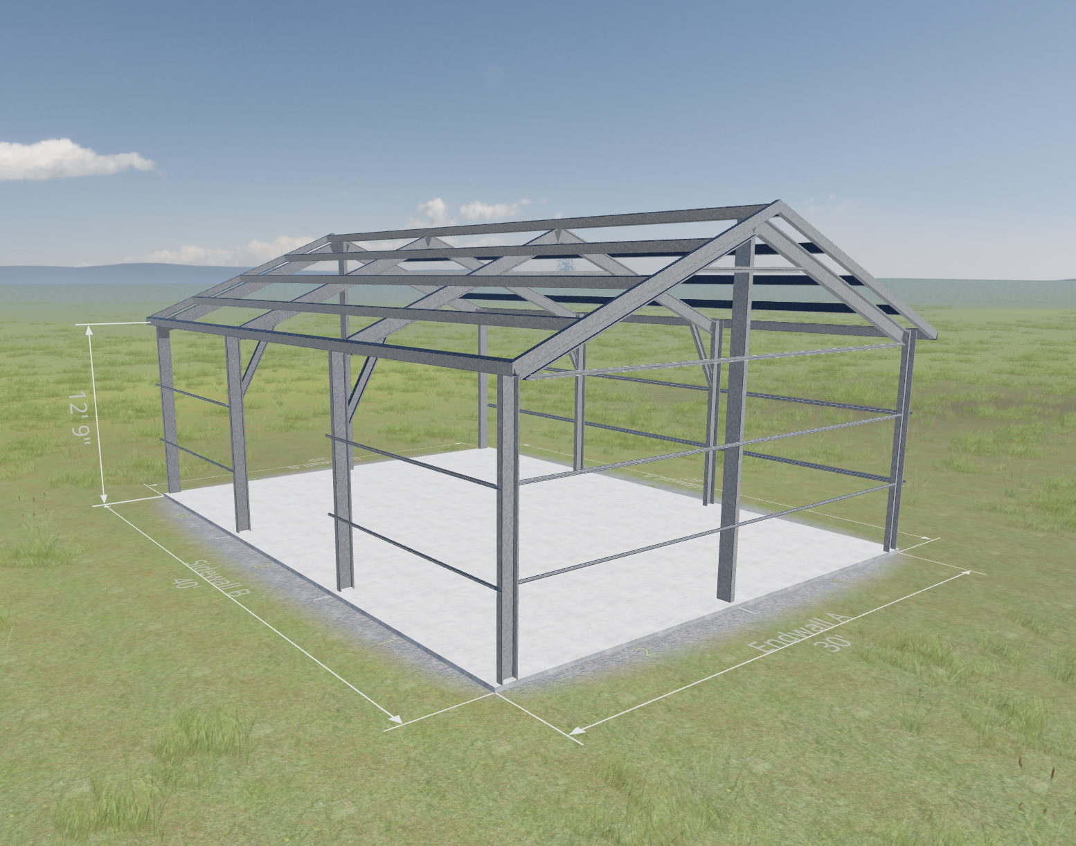 A digital 3D rendering of a wooden greenhouse frame on a concrete foundation, with measurements marked on the ground, set in an open grassy field under a blue sky with clouds.