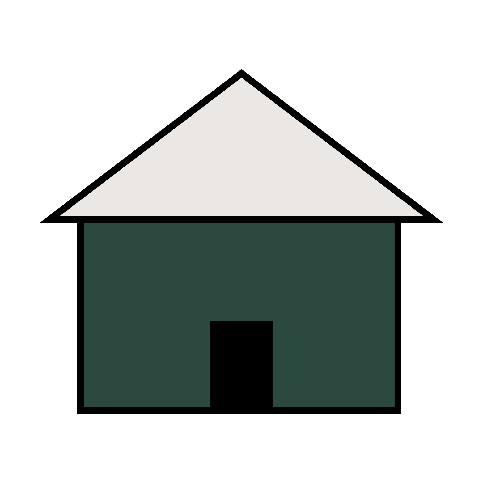 A simplified illustration of a house with a dark green body, a rectangular door in the center, and a large white triangular roof on a black background.