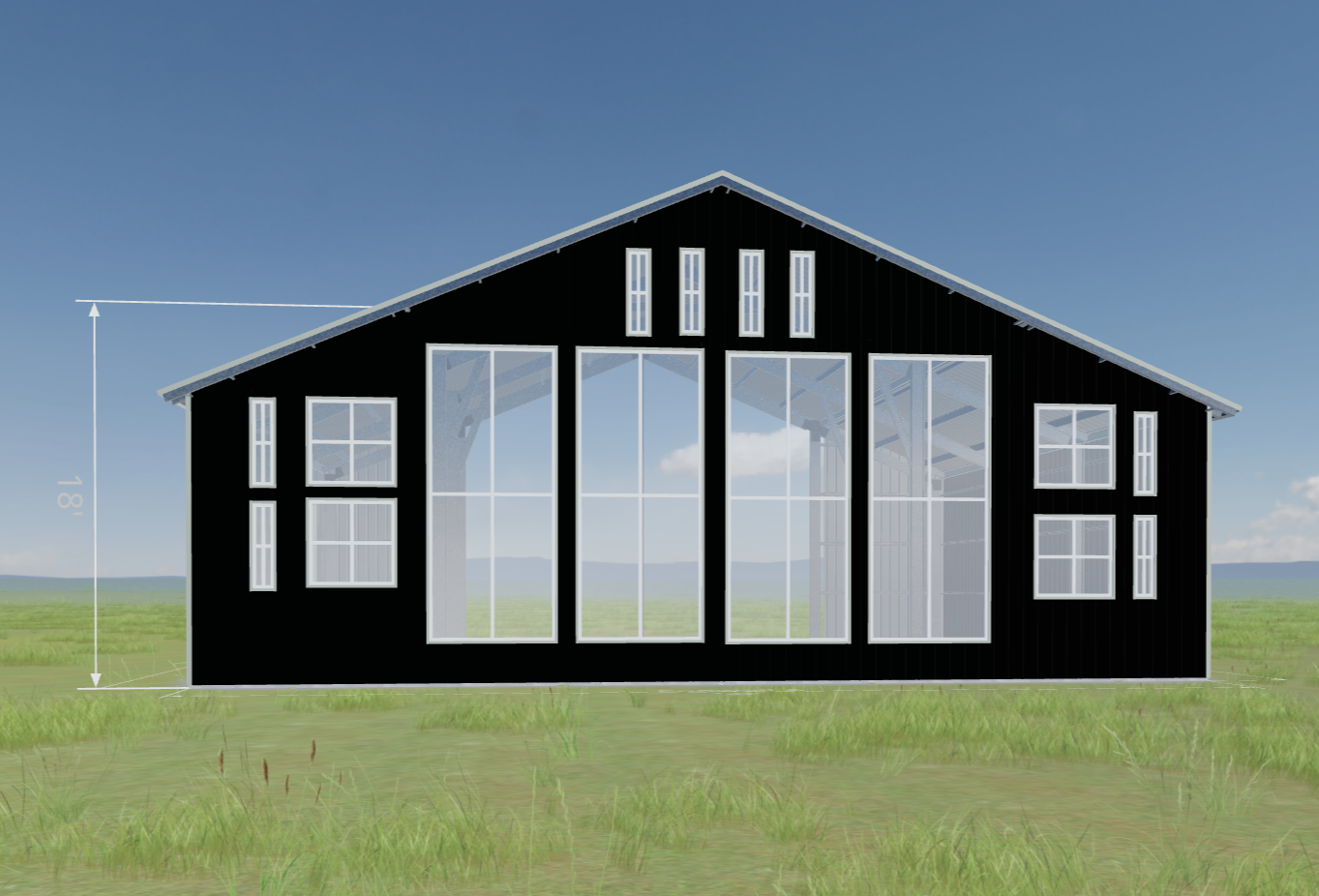 Architectural drawing of a black barn-style house with large windows, set on a grassy field with a blue sky background. The house has a gable roof and multiple vertical and horizontal window panes.