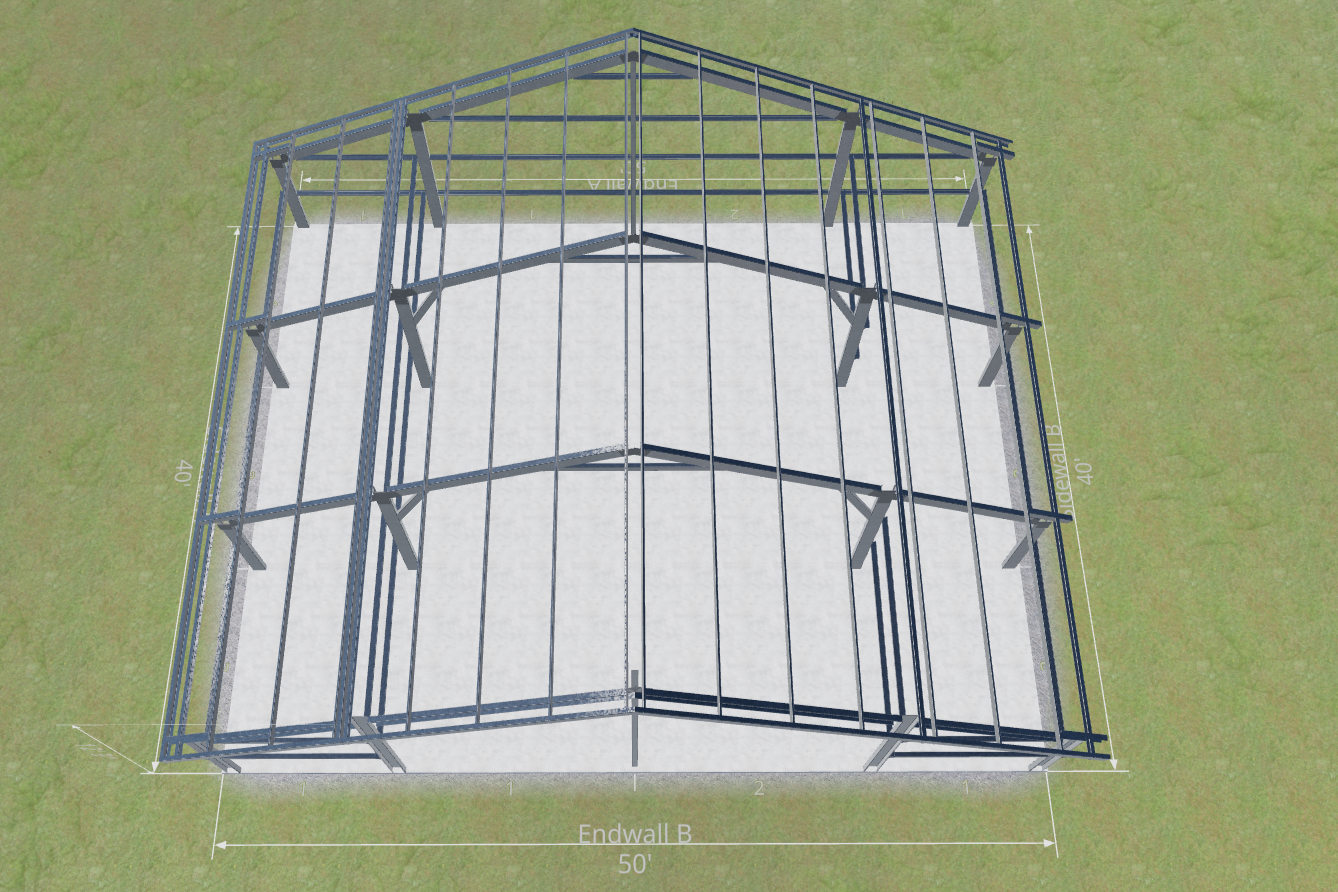 A 3D model of a steel frame structure for a building on a grassy area, showing measurements and labeled walls.