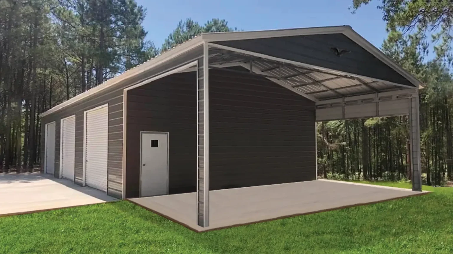 A modern metal shed with a gray exterior, multiple roll-up doors, and a small side door, situated on a concrete pad with a grassy lawn, surrounded by trees under a blue sky.