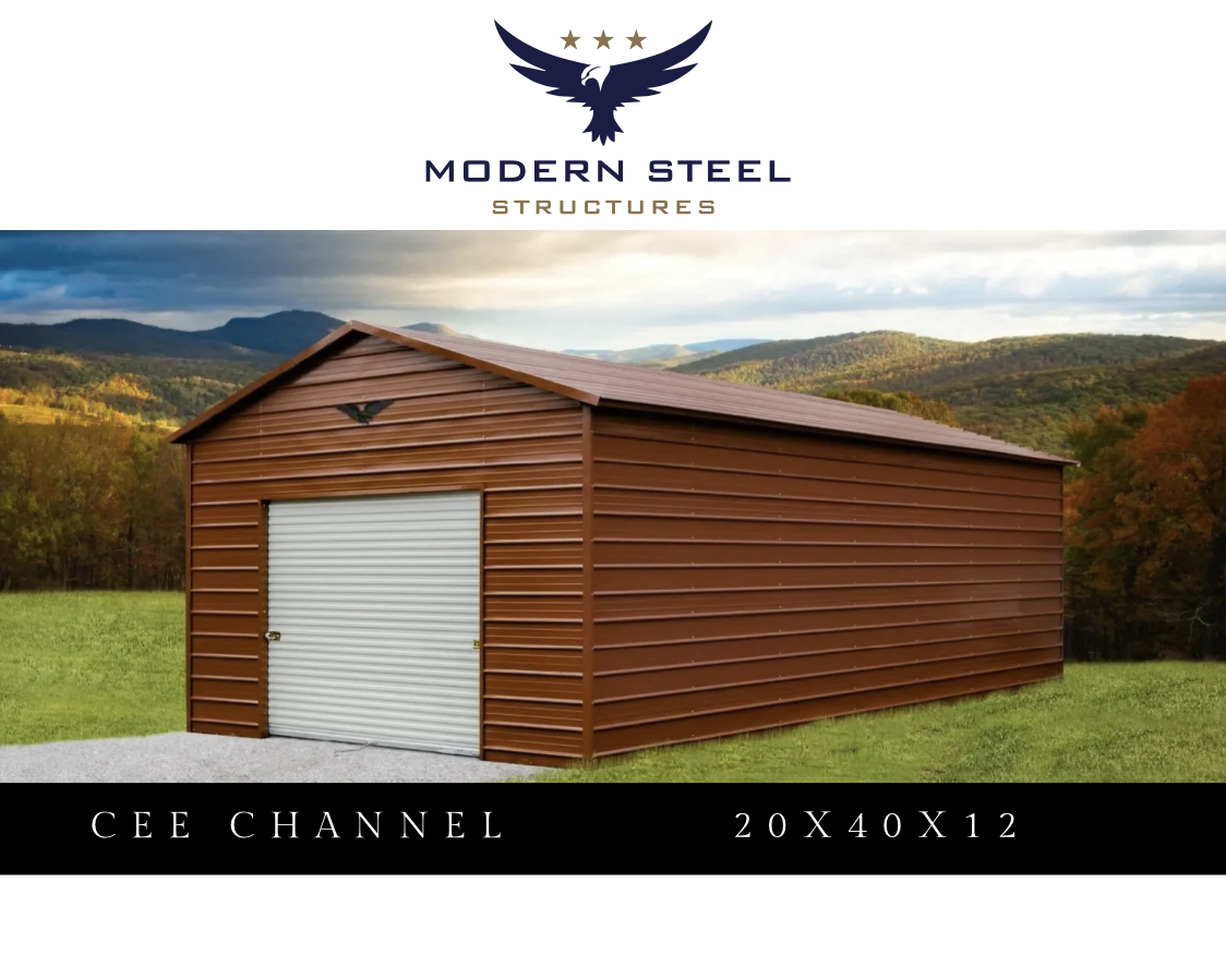 Image of a brown metal storage shed with a white roll-up door, set against a landscape with green grass, trees, and distant mountains, under a partly cloudy sky.
