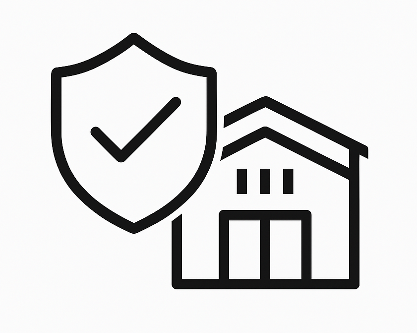 Icon of a house with a shield and checkmark, representing home security or protection.