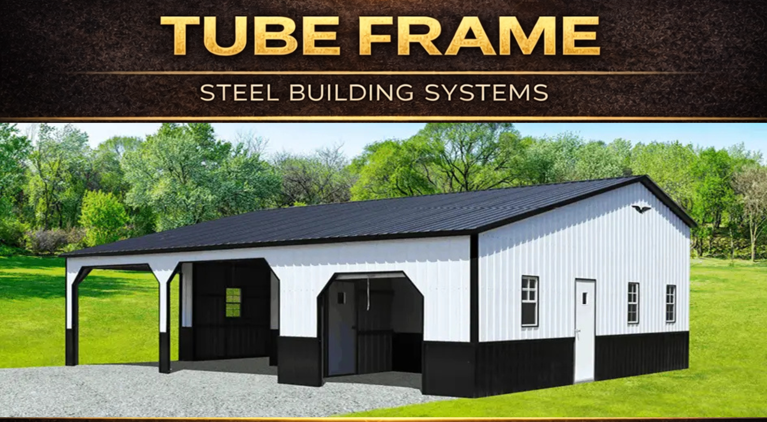 Illustration of a white and black steel tube frame building with a pitched roof, situated on a grassy field with trees in the background, used for steel building systems.