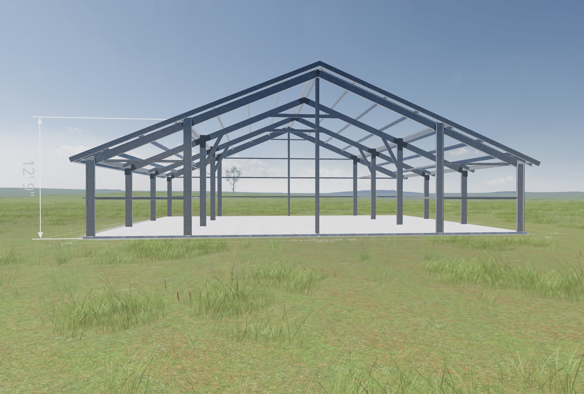 A digital rendering of a large open-frame metal barn structure with a pitched roof, situated on a grassy field under a blue sky with few clouds.