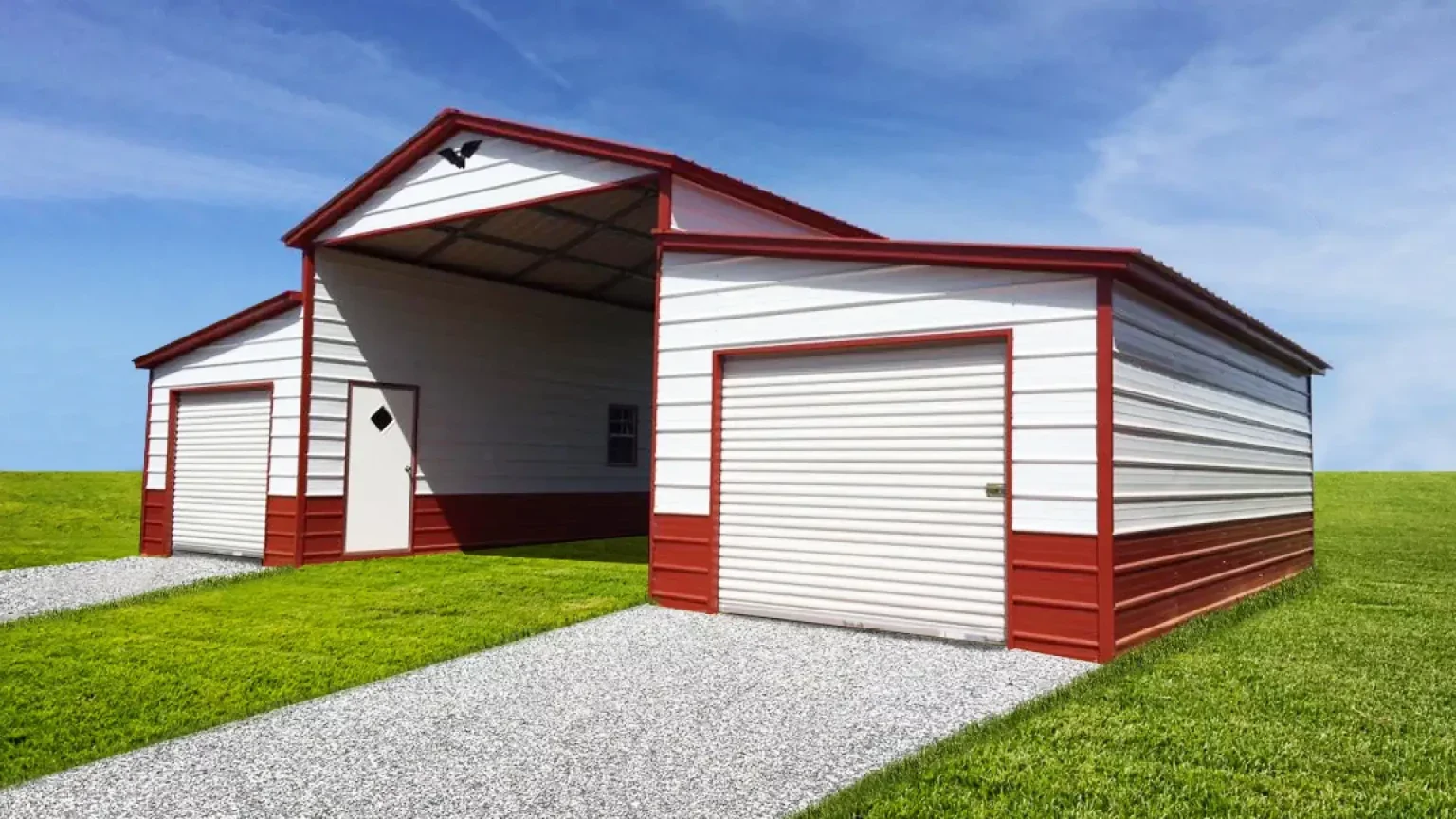 44x25x12/8 Metal Barn with 10' Lean-To - Vertical Roof