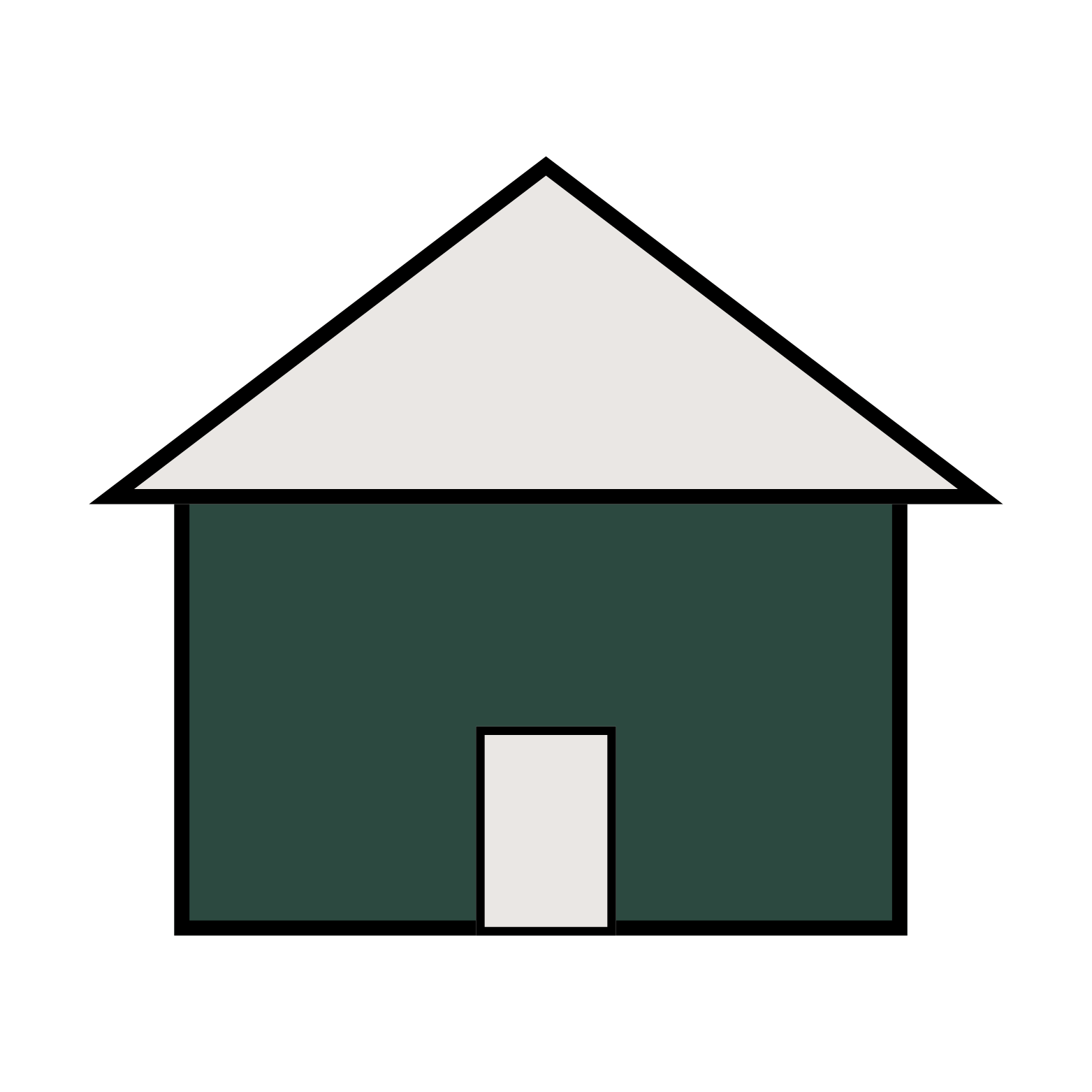 A simple digital illustration of a house with dark green walls, a white door, and a large white triangular roof.