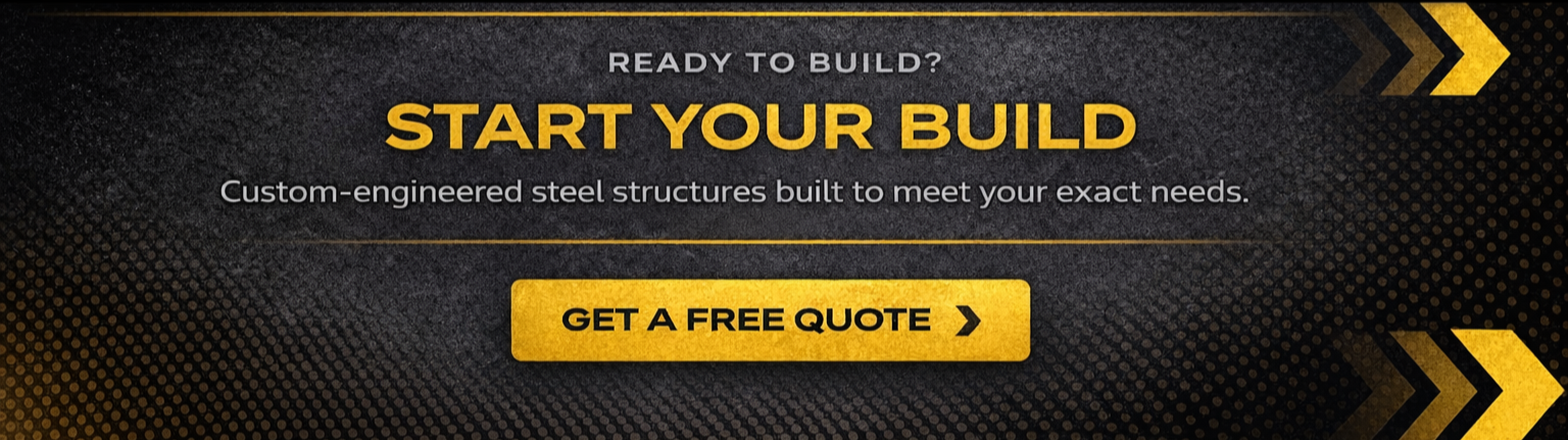 Webpage banner with black and gold design promoting custom-engineered steel structures. The text reads 'Ready to build? Start your build.' with a button saying 'Get a free quote.'