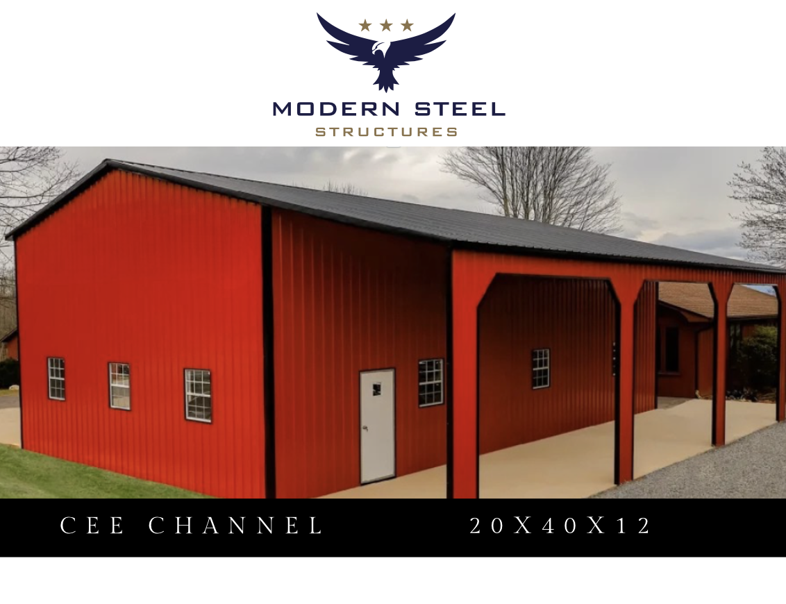 A red metal building with black trim and a black roof, featuring a small door and four windows, with a covered porch area supported by posts, set outdoors with leafless trees in the background.