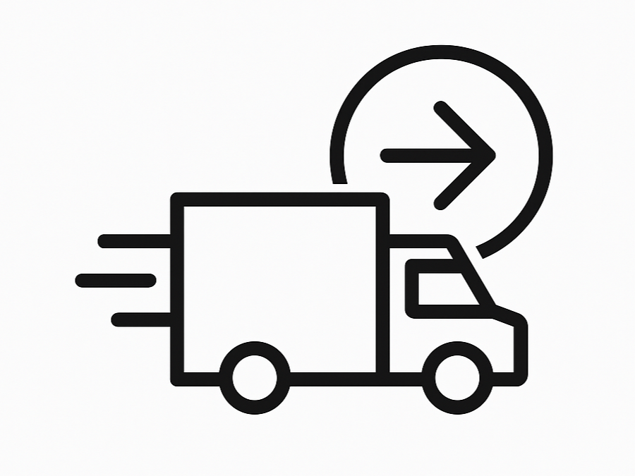 Line drawing of a delivery truck with motion lines, an arrow indicating forward movement or direction, and a clock in the background.