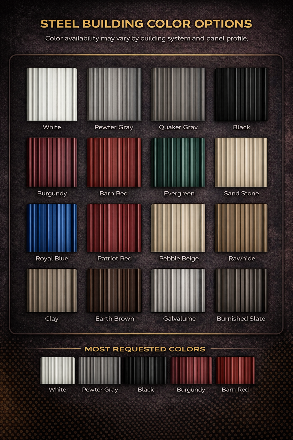 Chart displaying steel building color options, including white, pewter gray, quaker gray, black, burgundy, barn red, evergreen, sand stone, royal blue, patriot red, pebble beige, rawhide, clay, earth brown, galvalume, burnedished slate, and most requested colors: white, pewter gray, black, burgundy, and barn red.