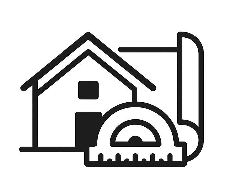 Outline icon of a house with a ruler and protractor in front, representing architecture or home construction.