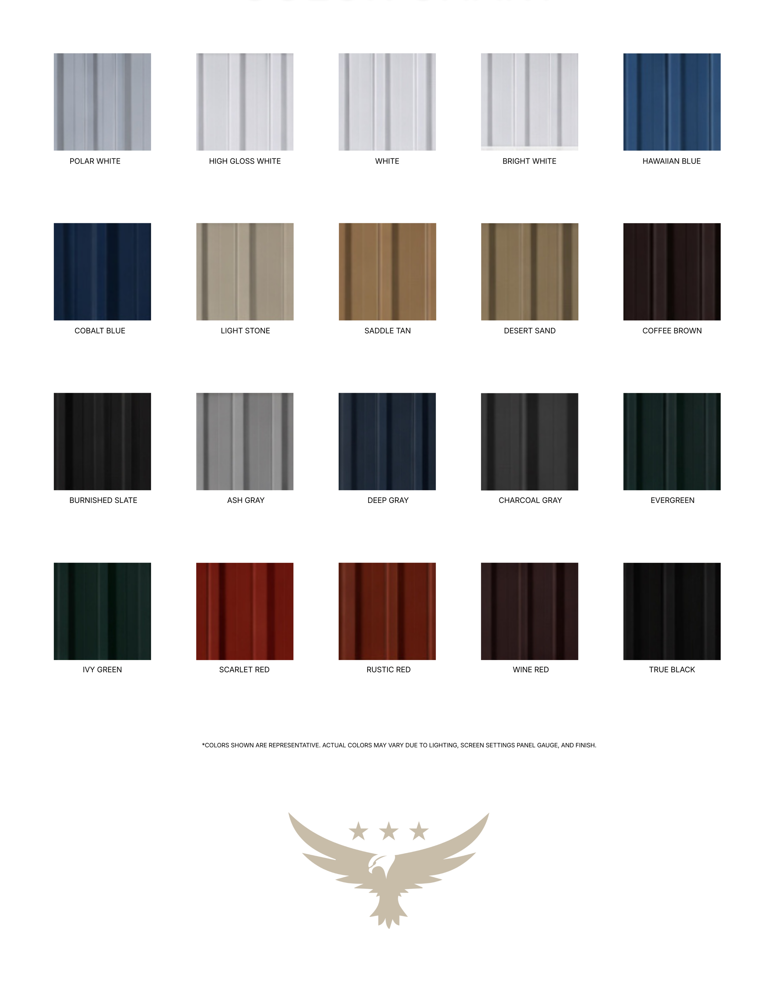 Color chart of metal siding options with names including Polar White, High Gloss White, White, Bright White, Hawaiian Blue, Cobalt Blue, Light Stone, Saddle Tan, Desert Sand, Coffee Brown, Burnished Slate, Ash Gray, Deep Gray, Charcoal Gray, Evergreen, Ivy Green, Scarlet Red, Rustic Red, Wine Red, True Black.