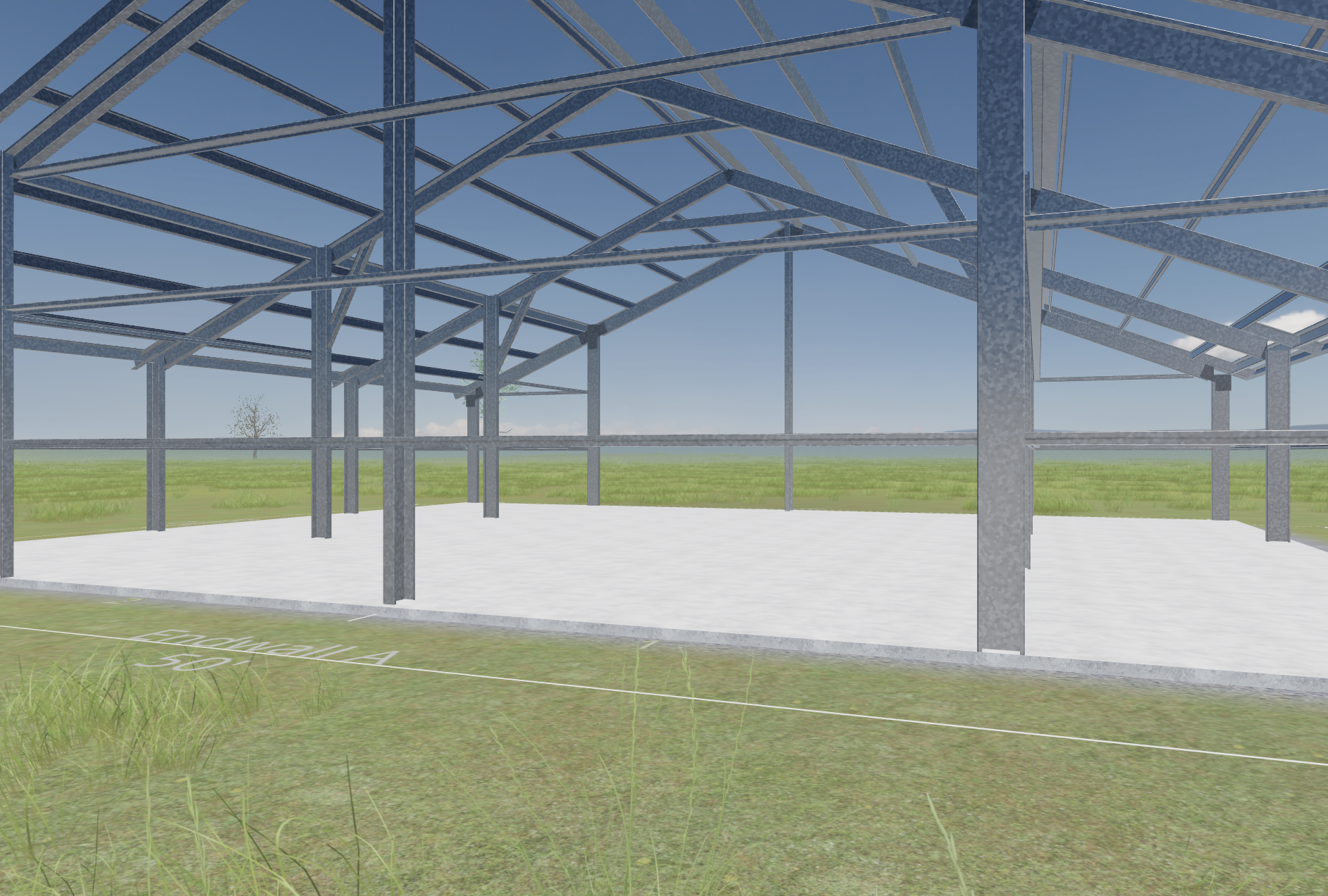 Digital rendering of a steel-frame building under construction on concrete foundation, with green grass and blue sky in the background.
