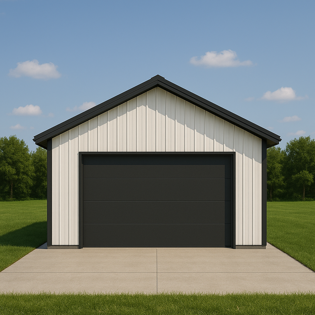 A modern detached garage with white vertical metal siding, a black rolling door, and a gable roof, situated on a concrete driveway with green grass on either side, under a blue sky with a few clouds.
