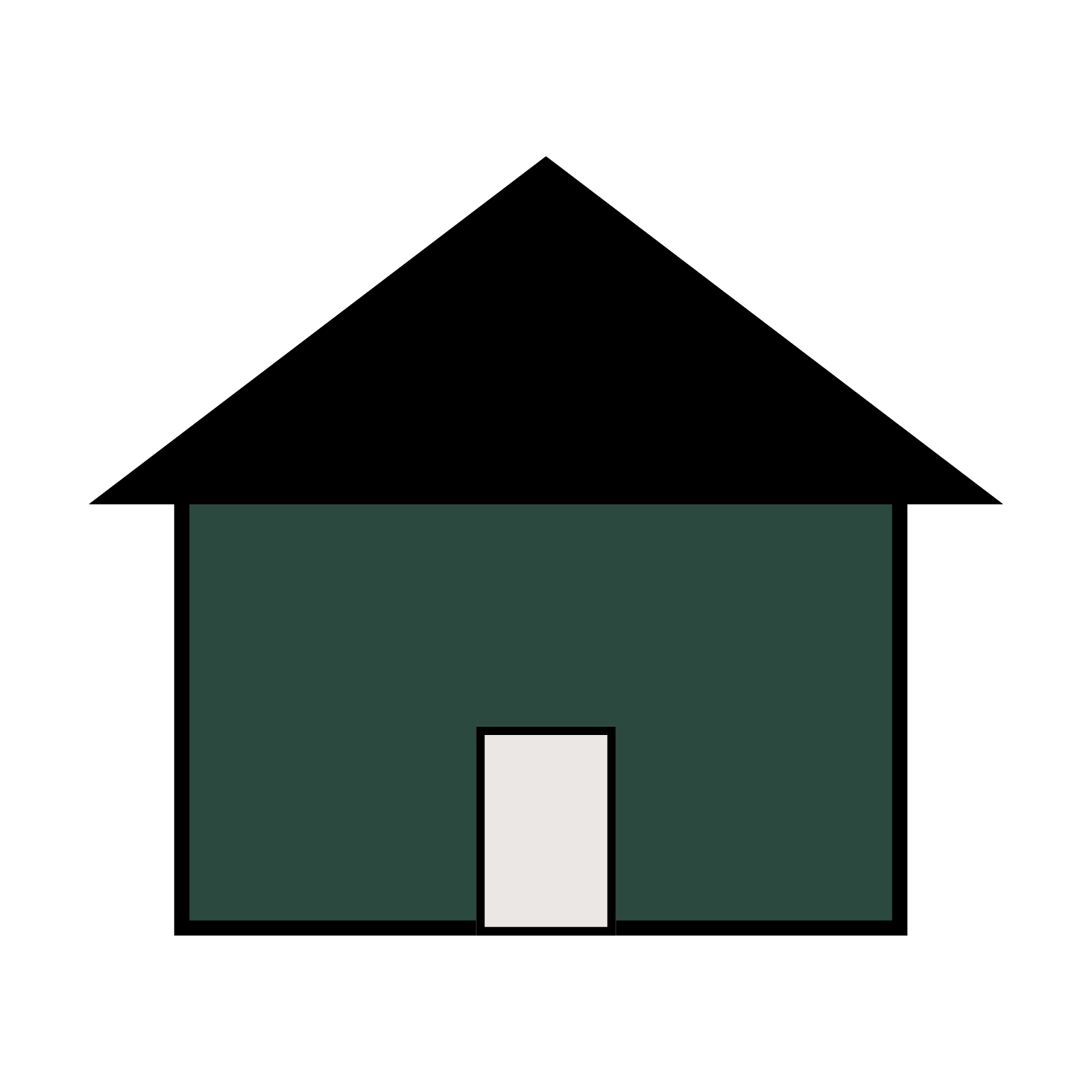 A digital illustration of a dark green rectangular building with a white door in the center, set against a black background.