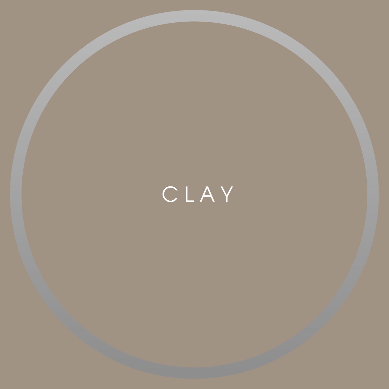 A circular graphic with a beige background and gray border, with the word 'CLAY' written in the center.