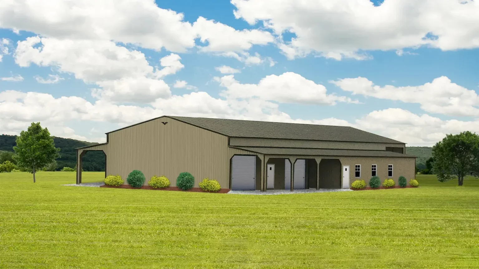 64x80x14 Metal Barn with 12' Lean-To - Vertical Roof