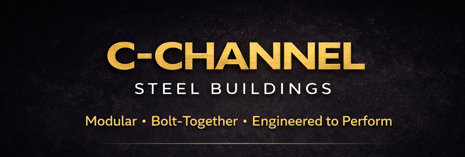 Advertisement for C-Channel steel buildings emphasizing modular, bolt-together, and engineered to perform features.