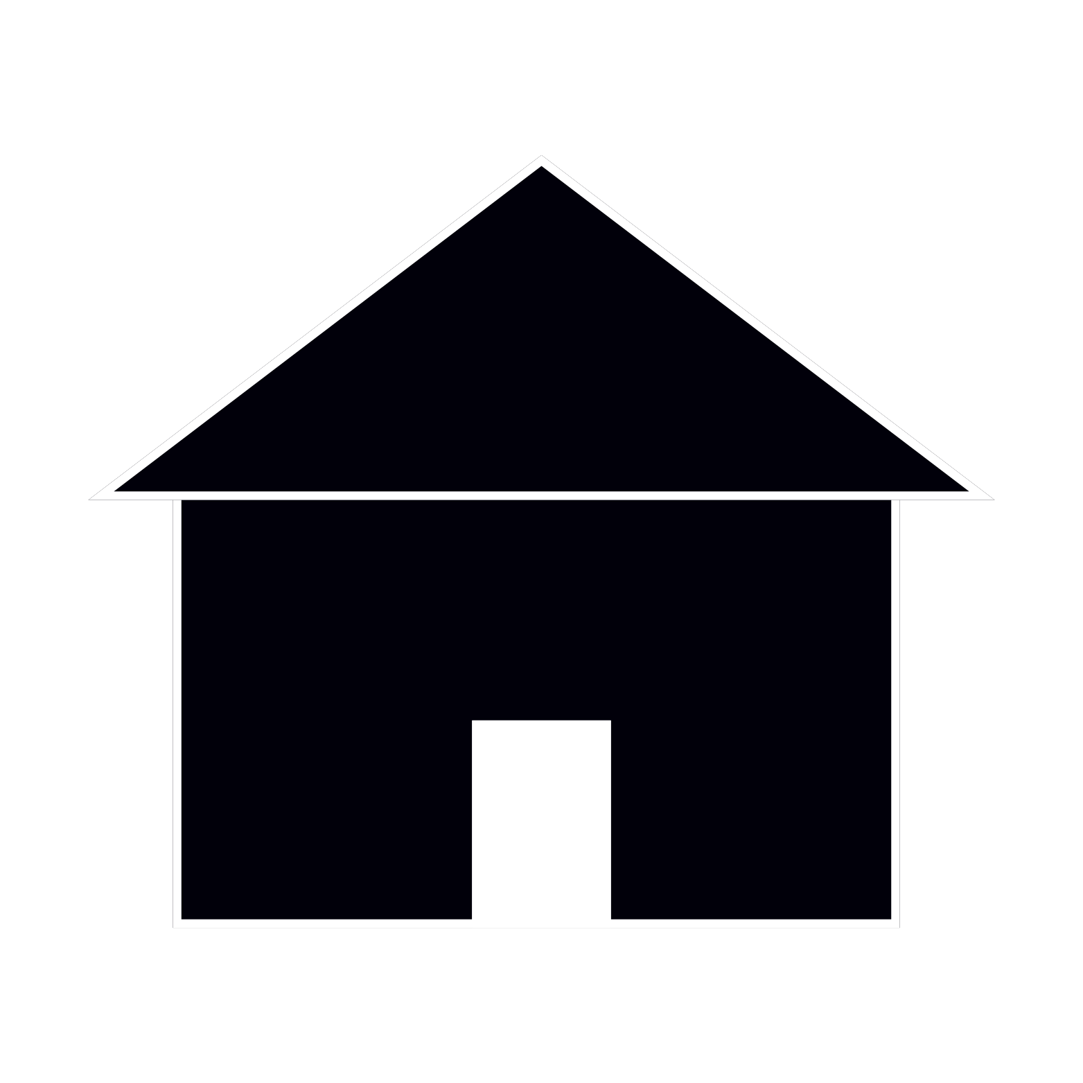 Simple line drawing of a house with a triangular roof, rectangular body, and a white door, on a black background.