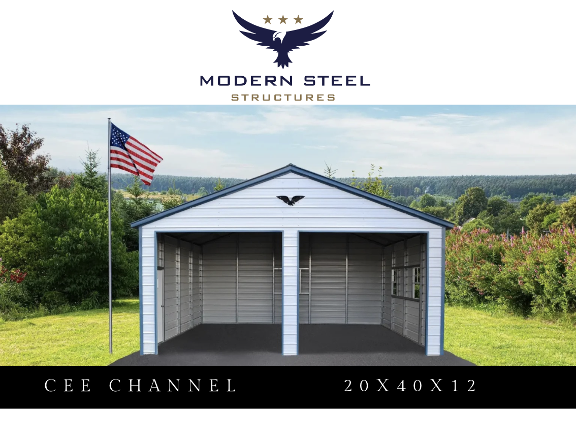 A metal storage shed with an open front, situated outdoors on a grassy area with trees and hills in the background. An American flag is flying next to the shed, and there is a logo of a stylized eagle with three stars at the top. The text indicates i