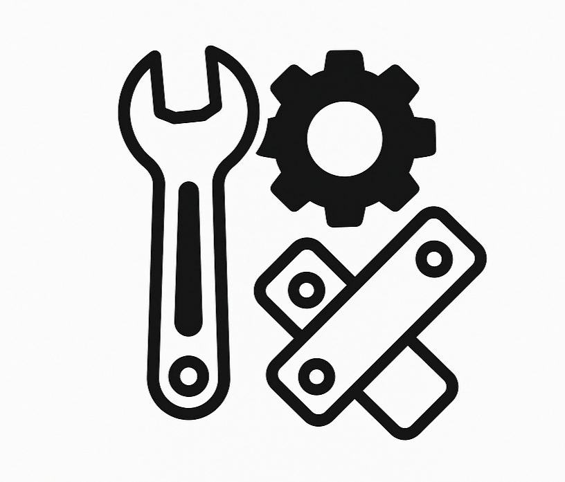 Icon of a wrench, a gear, and a pipe fitting used for maintenance or repair.