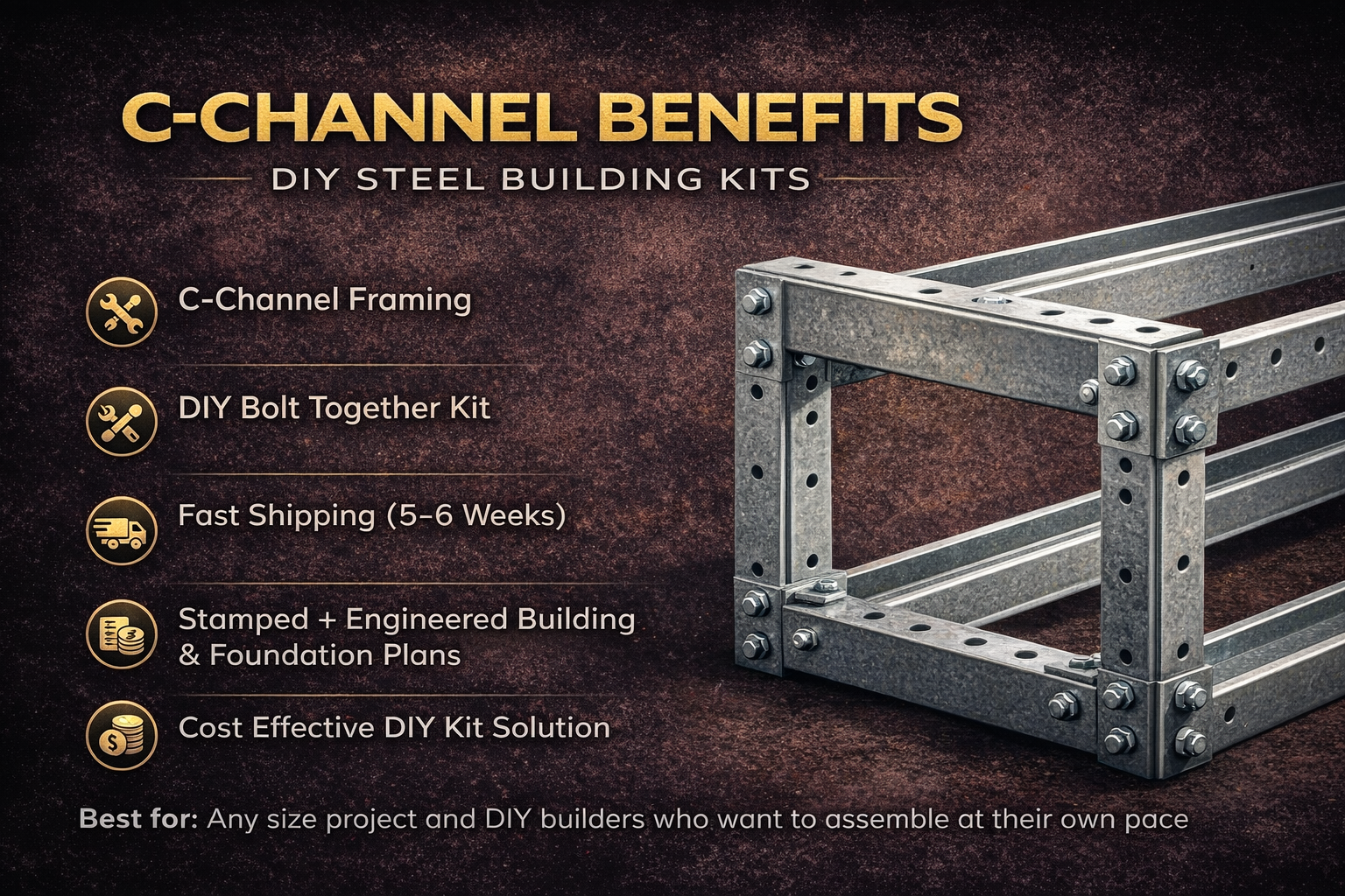 Poster advertising DIY steel building kits with benefits listed including C-Channel framing, bolt together assembly, fast shipping in 5-6 weeks, stamped and engineered plans, and cost-effective DIY solutions. A steel frame structure is partially assembled on the right side of the poster.