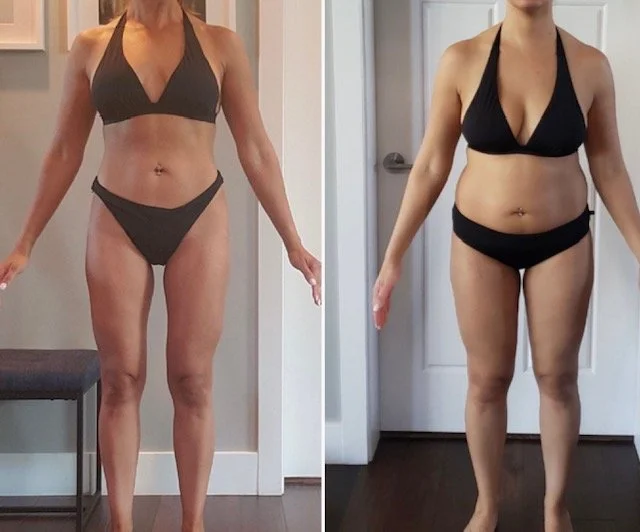 Side-by-side comparison of a woman in a black bikini before and after weight loss.