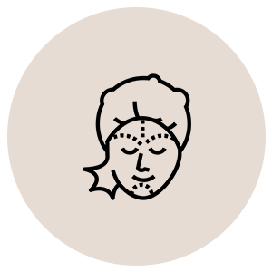 Simple line drawing of a woman's face with closed eyes and hair pulled back