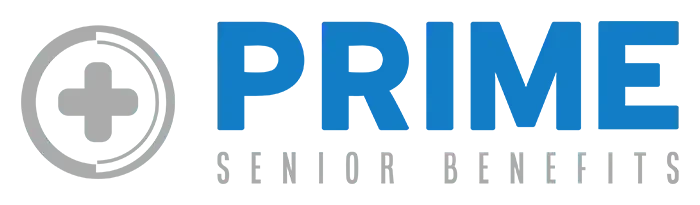 Close-up of a blue and gray logo with the text 'Prime Senior Benefits'.