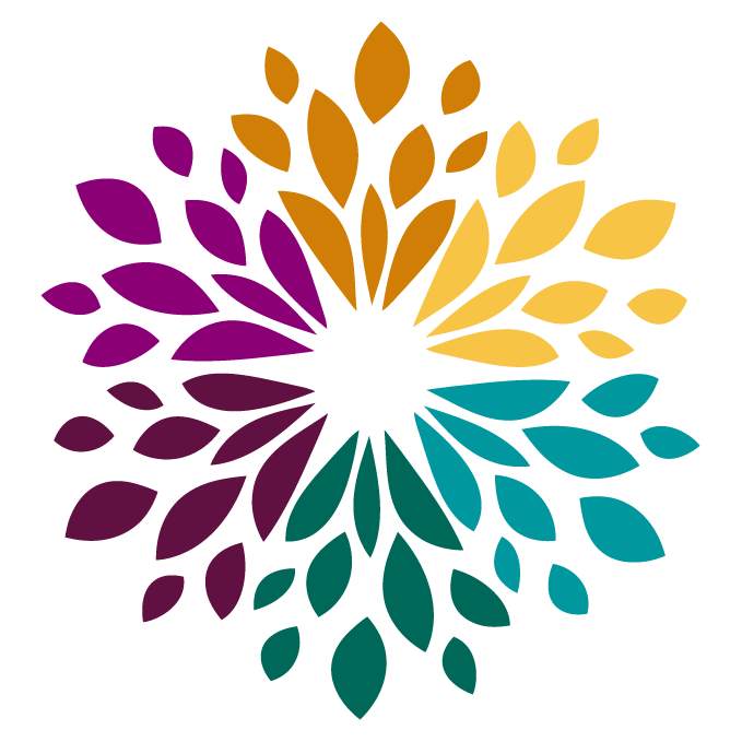 Colorful abstract floral design with petals in purple, yellow, teal, and orange on a black background.
