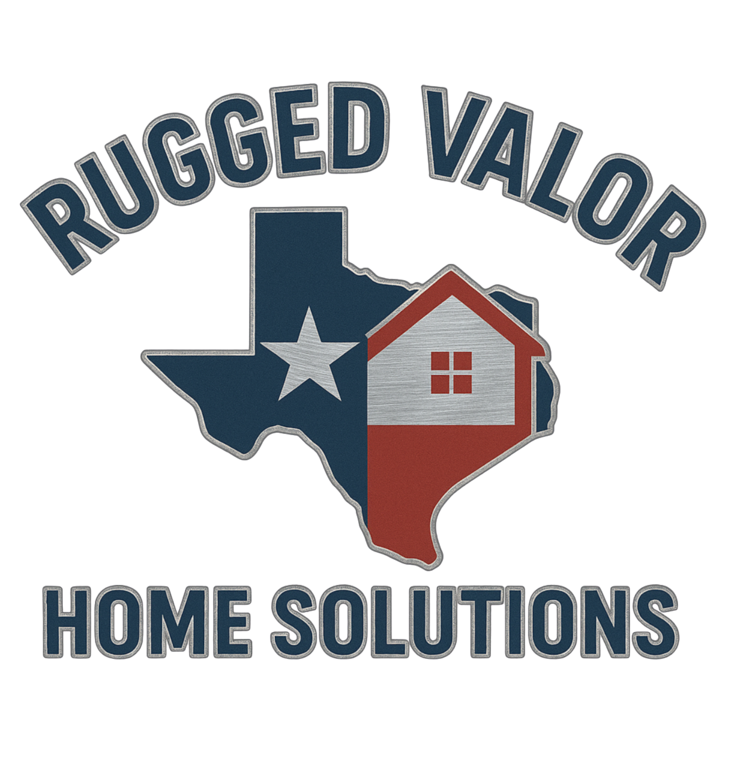 Sign with the words "Refugged Valor" arched above a Texas-shaped outline, featuring a star and a house icon, with additional text "Home Solutions" at the bottom.