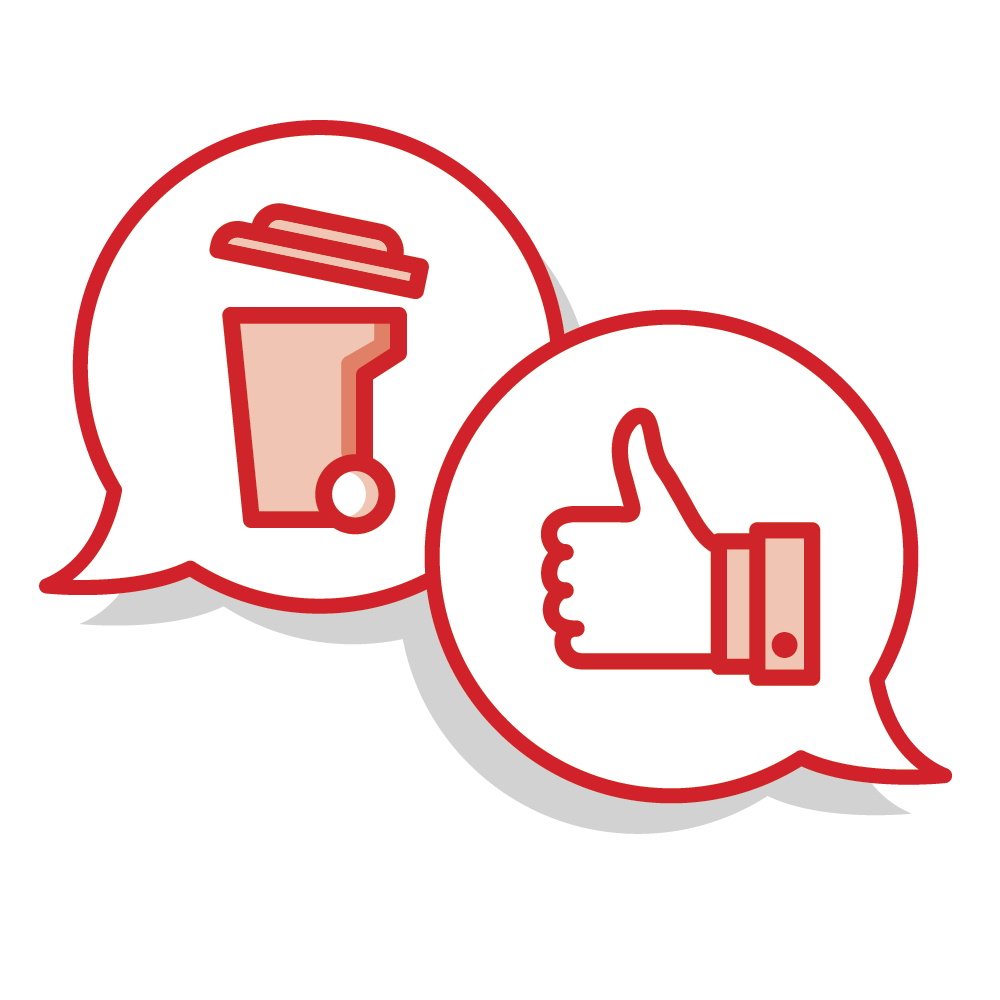 Speaking bubbles with a trash can and a thumbs up