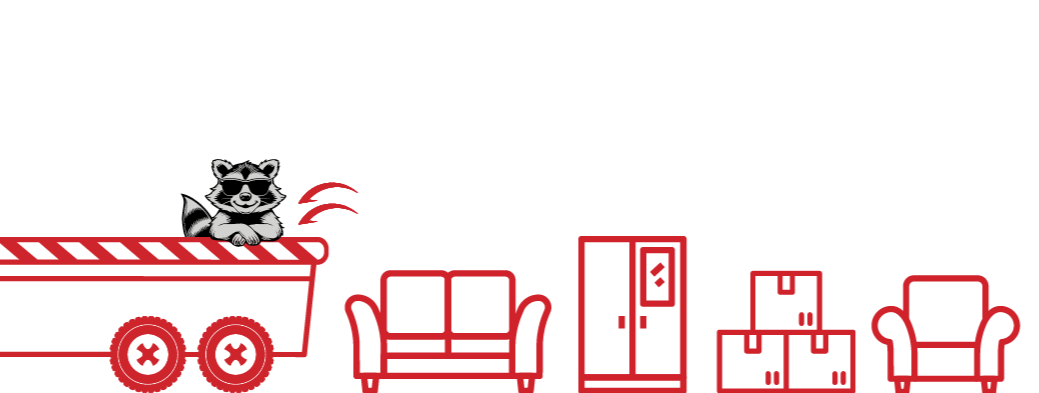 Illustration of a dump trailer with home furniture items to load with racoon in back