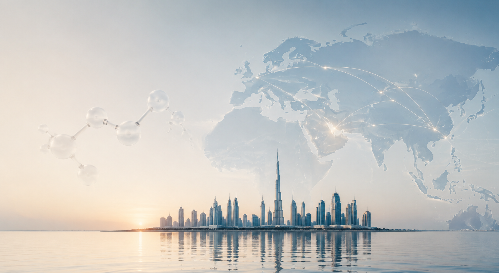 Digital illustration of a city skyline at sunset with skyscrapers, overlaid with a world map and connected line points, and a molecular structure on the left.