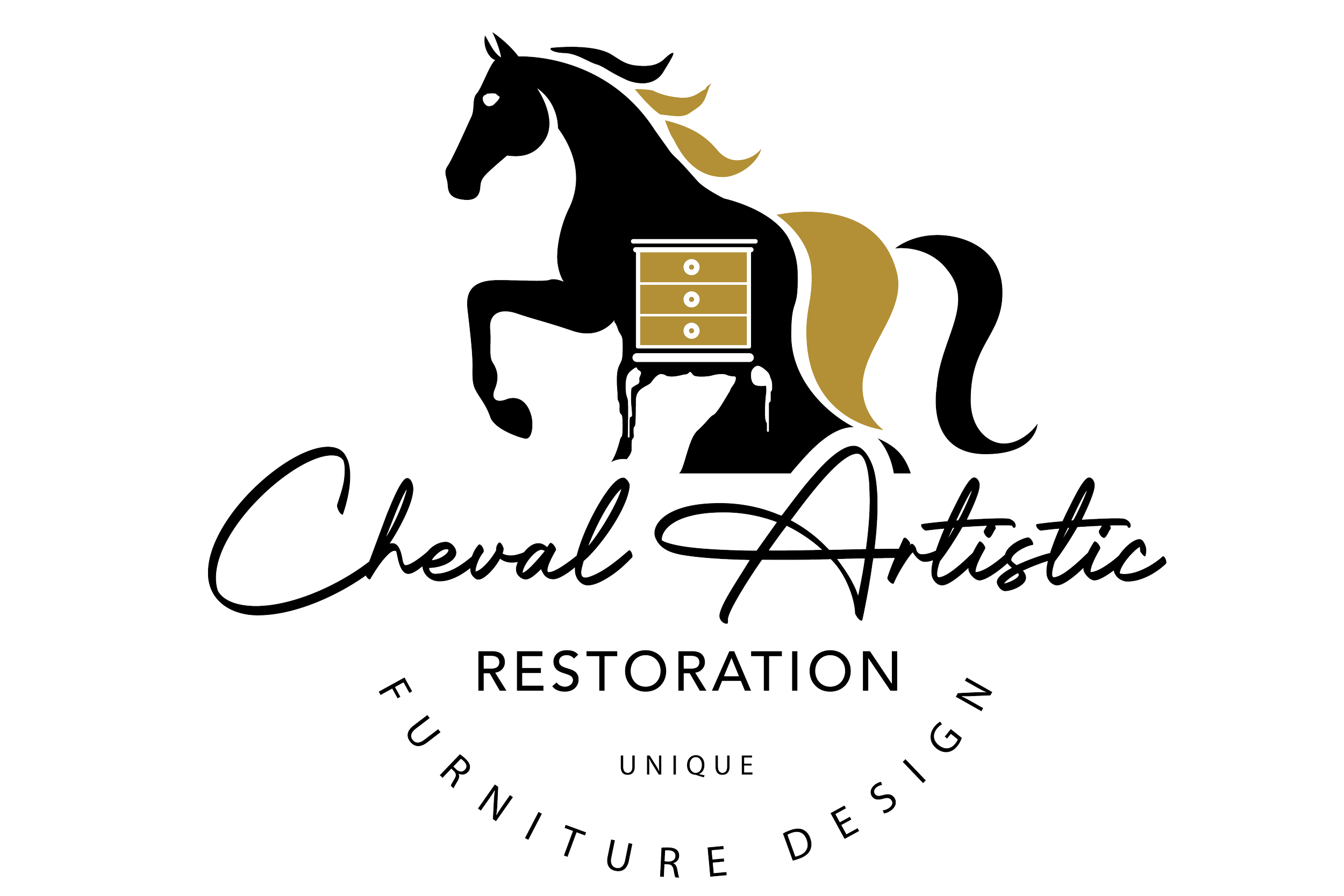 Logo for Cheval Artistic Restoration featuring a stylized black horse with gold mane and tail, a gold chest of drawers on the horse's side, with the words "Cheval Artistic" in cursive, "Restoration" in uppercase, and "Furniture Design" in a semi-circle.