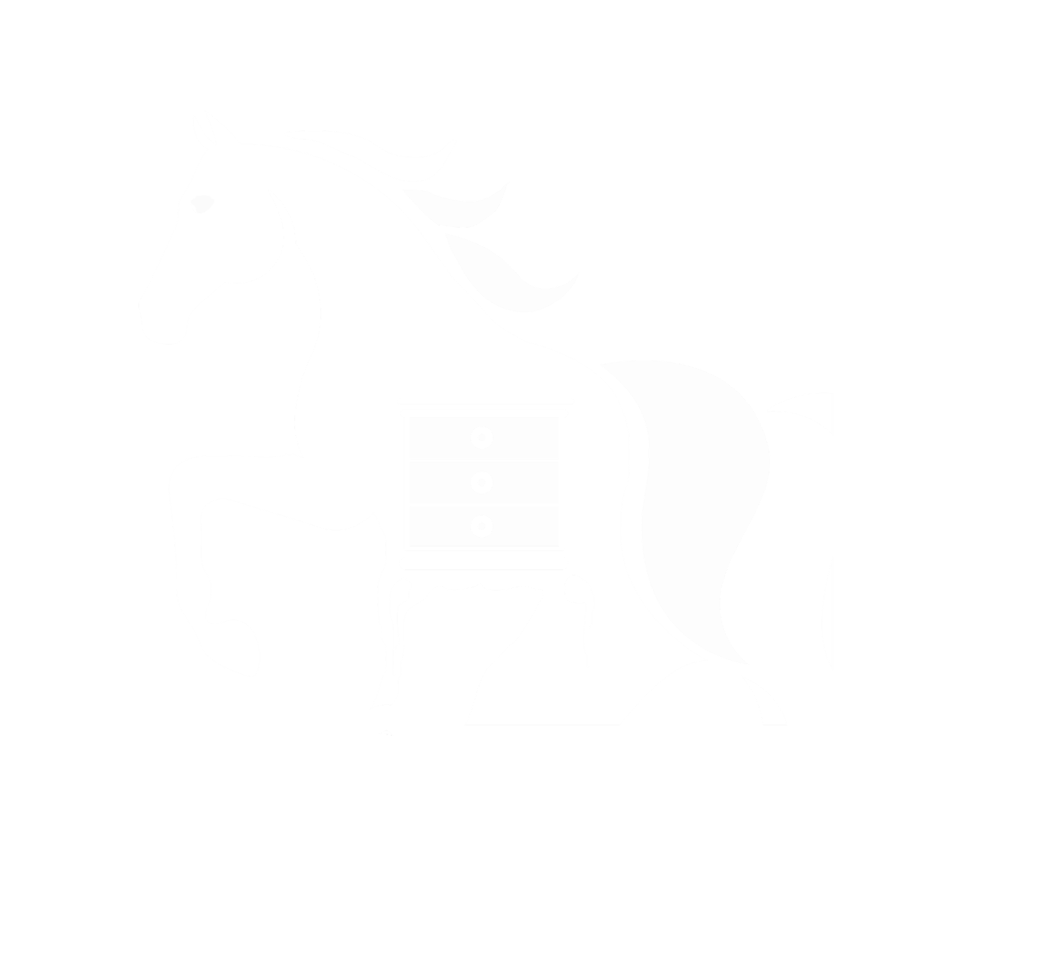 A black and white illustration of a horse with a drawer unit on its side.