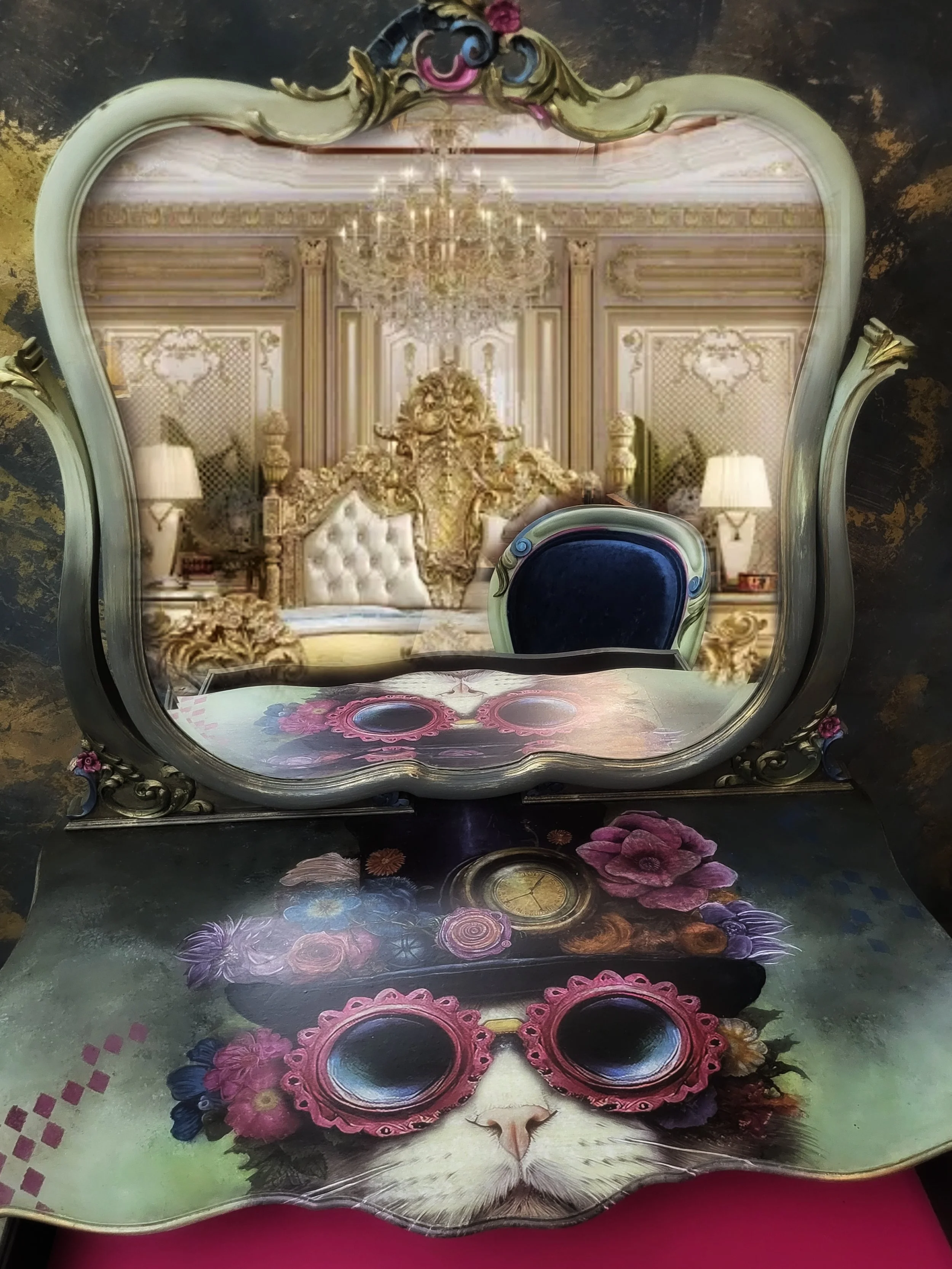 A decorative mirror reflecting an ornate bedroom with gold accents, a chandelier, and plush furniture. The mirror sits atop a table with a colorful, artistic cat face design wearing pink, round sunglasses, with floral and clock motifs.