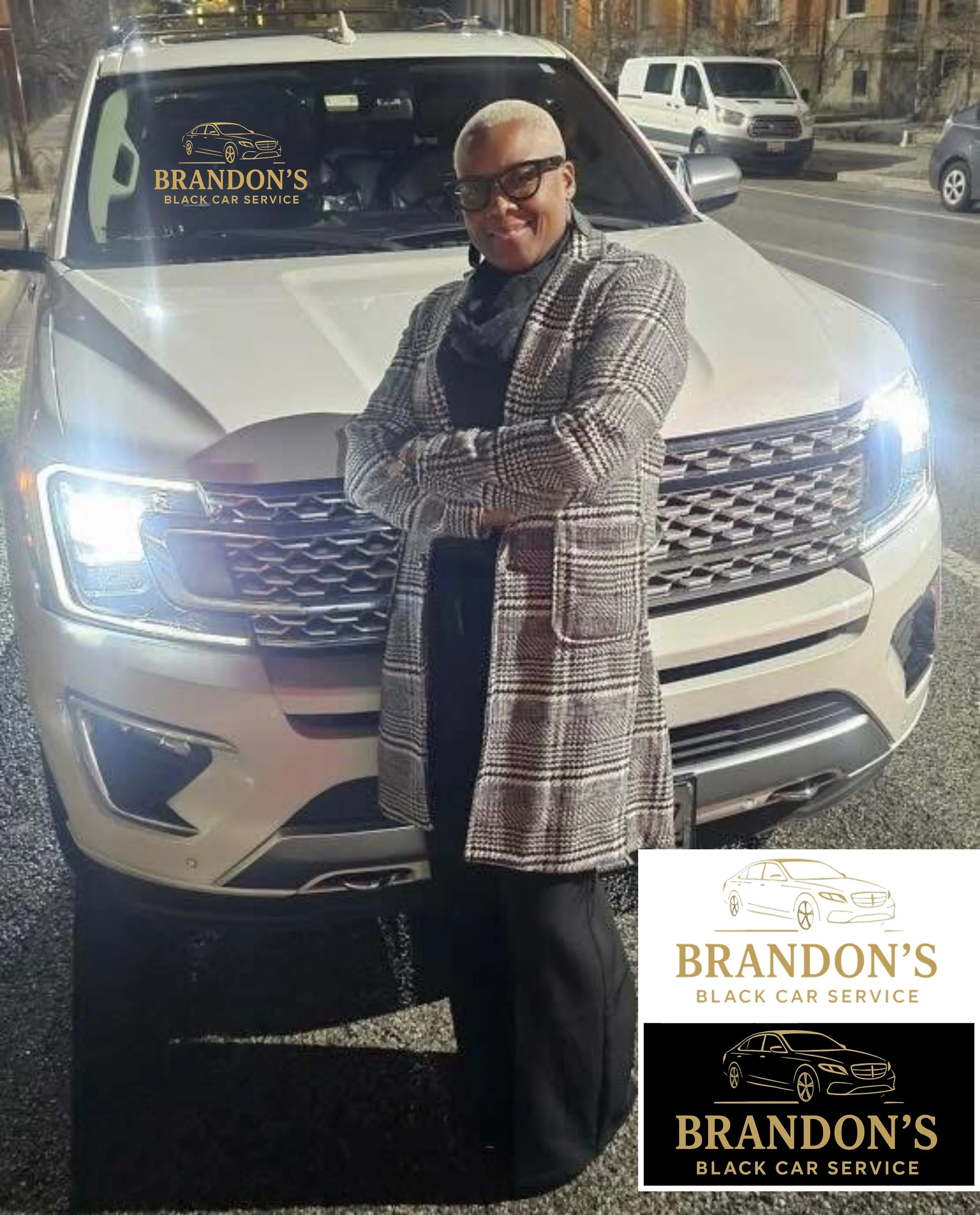 Man standing in front of a silver car with a logo for Brandon's Black Car Service on the windshield, wearing glasses and a plaid coat, in an outdoor parking lot at night.