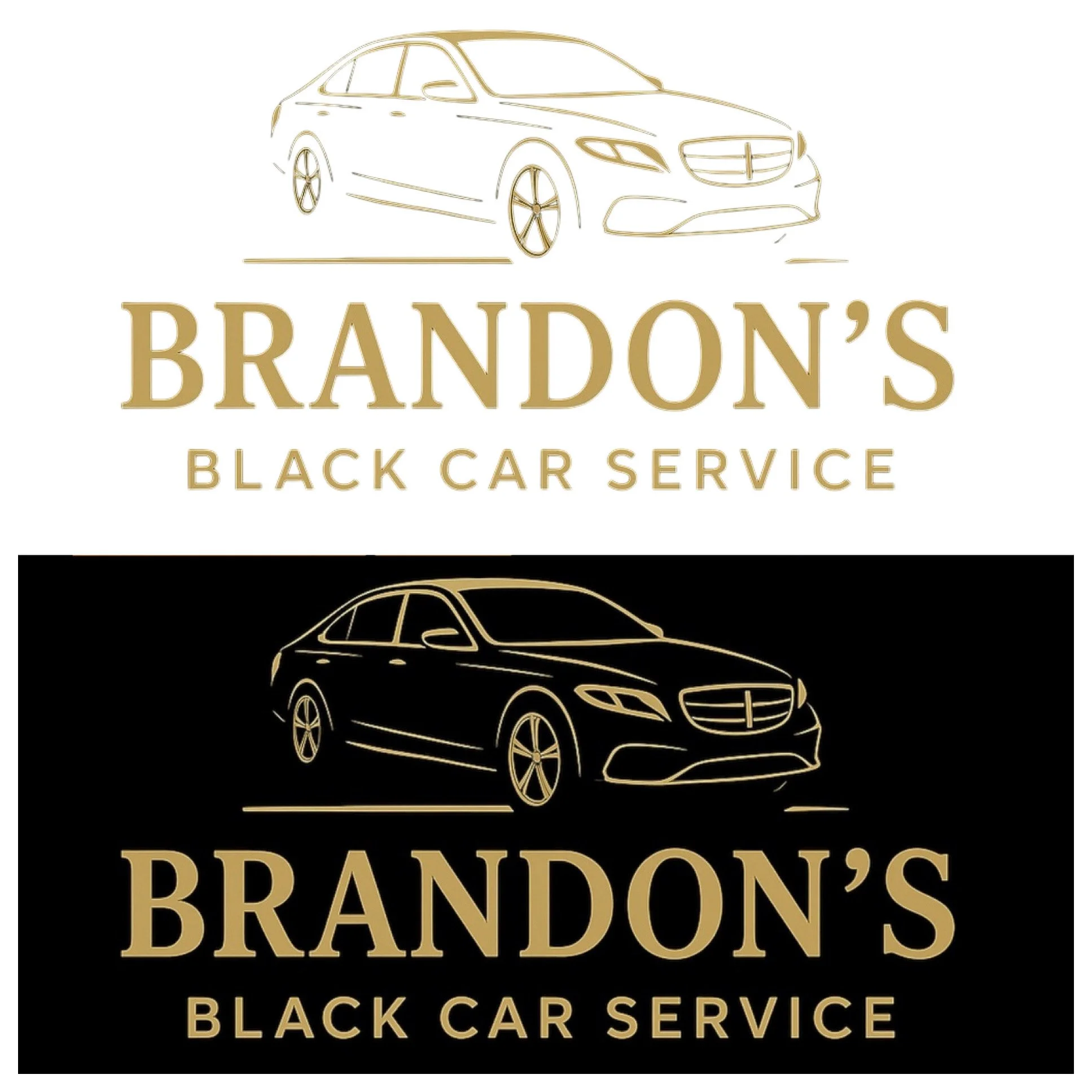 Comparison of two logos for Brandon's Black Car Service; the top logo has a white background with a gold outline of a car and gold text, the bottom logo has a black background with a gold outline of a car and gold text.