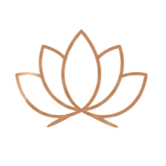 Minimalist line drawing of a lotus flower with overlapping petals in a warm brown color.