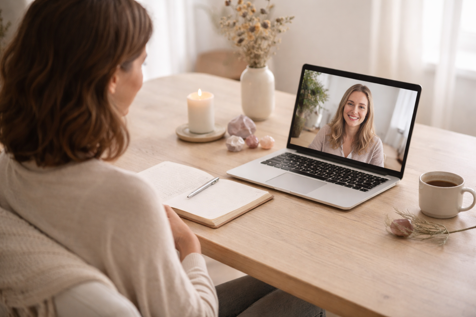Woman having a video call on laptop, sitting at a wooden table with a notebook, pen, candle, mug, and decorative stones, in a cozy, well-lit room.