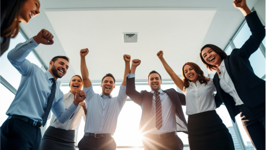 Group of six diverse professionals celebrating with raised fists in a modern office with large windows.