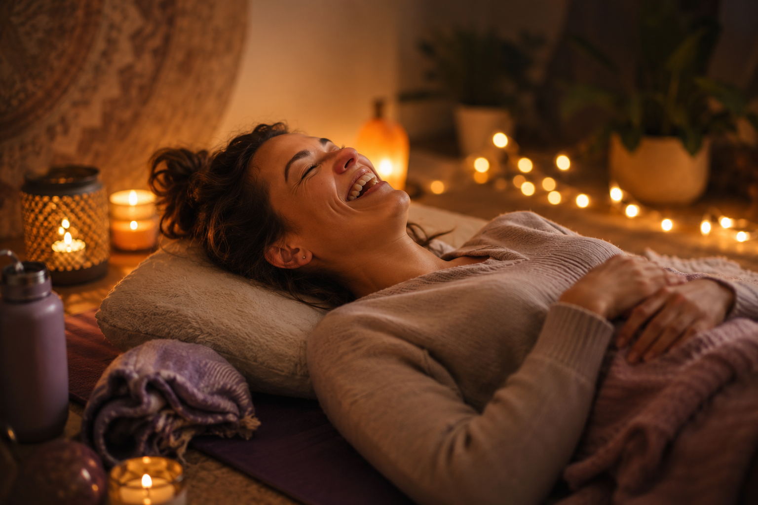 Woman lying on a yoga mat, smiling and laughing during a laughter meditation session in a warm, peaceful setting, representing relaxation, joy, and emotional well-being.