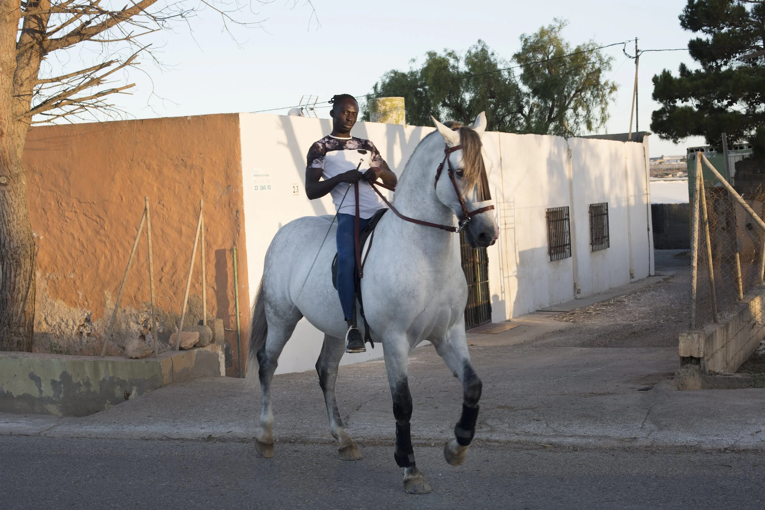 Giovane uomo afroamericano che cavalca un cavallo bianco lungo una strada di campagna al tramonto, con case in background.