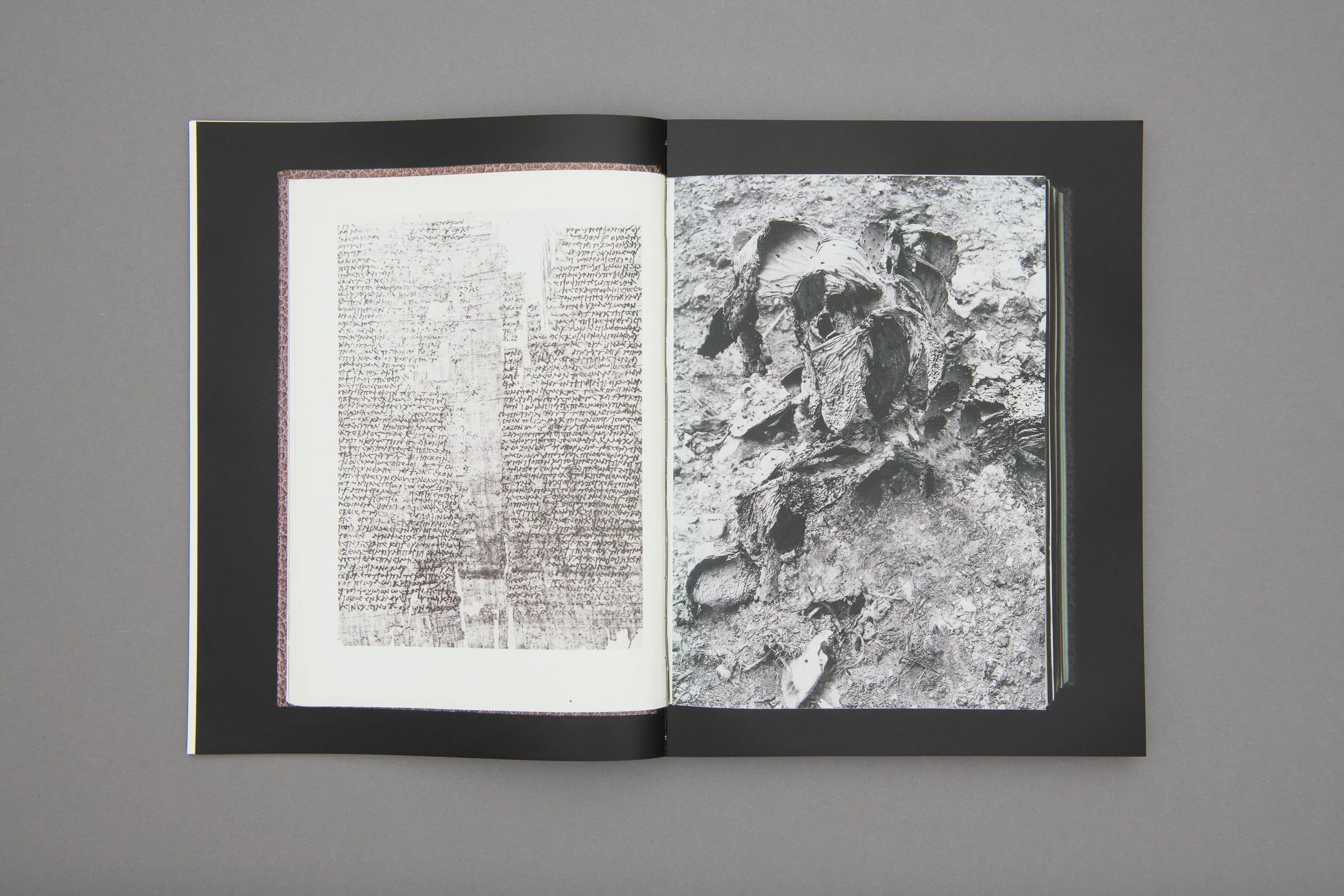 Libro aperto con pagina di testo su quella sinistra e fotografia in bianco e nero di resti fossili o scheletri sulla destra