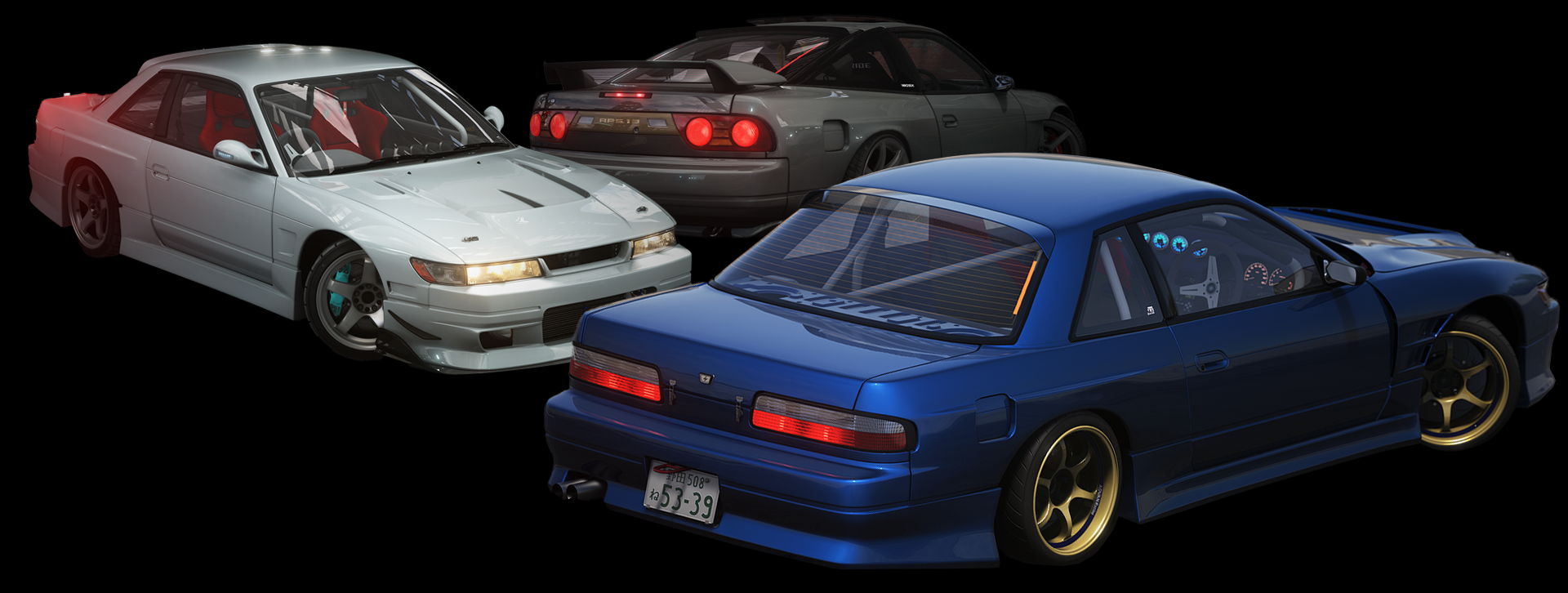 Four sports cars displayed together, including a white Nissan 240SX, a dark gray Nissan 300ZX, a blue Nissan 180SX, and a black Nissan 300ZX.