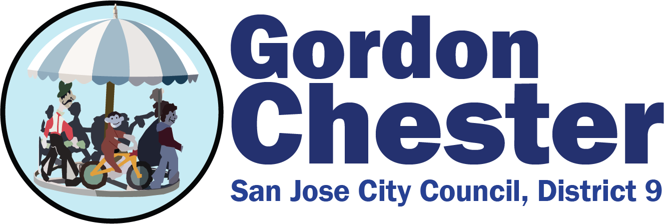 Logo for Gordon Chester, San Jose City Council, District 9, featuring an illustration of the carousel located on the sign of the Cambrian Shopping Center, Gordon Chester for San Jose District 9 City Council member on the right.