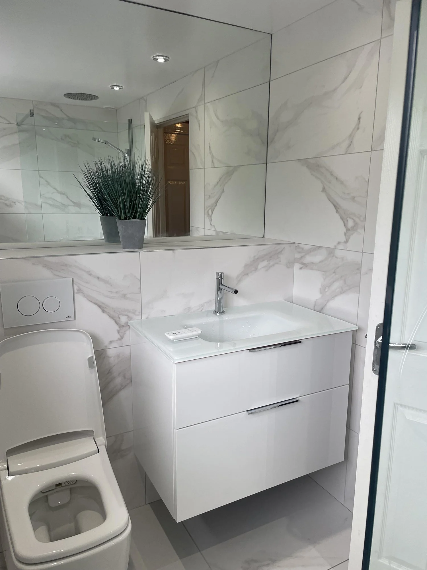 Modern bathroom with white marble walls, a white vanity with a sink, a mirror above the vanity, a potted plant on the mirror ledge, and a toilet in front of the vanity.